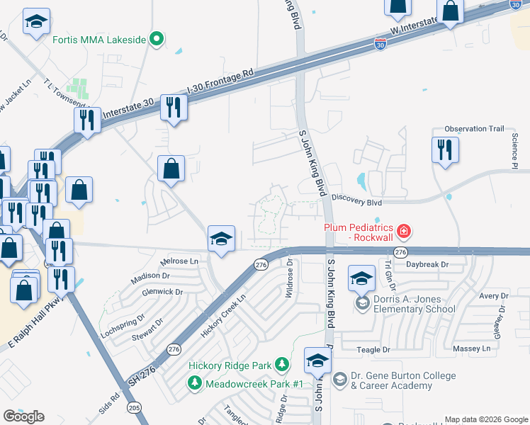 map of restaurants, bars, coffee shops, grocery stores, and more near 1650 South John King Boulevard in Rockwall