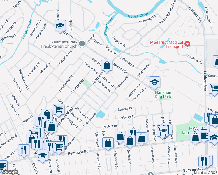 map of restaurants, bars, coffee shops, grocery stores, and more near 5803 Stewart Street in Hanahan