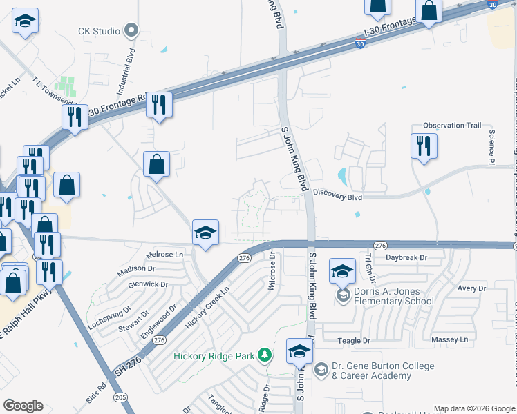 map of restaurants, bars, coffee shops, grocery stores, and more near 1650 John King Boulevard in Rockwall