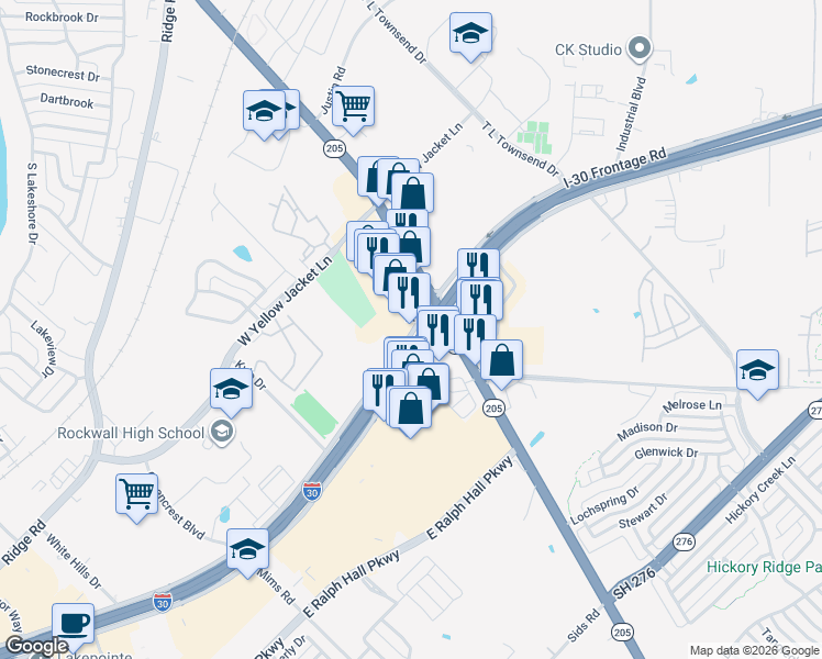map of restaurants, bars, coffee shops, grocery stores, and more near 1070 Interstate 30 Frontage Road in Rockwall