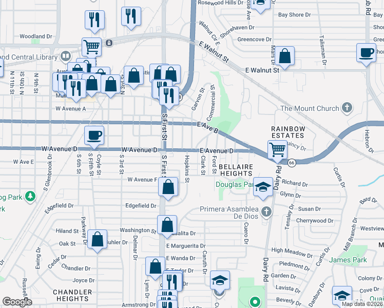 map of restaurants, bars, coffee shops, grocery stores, and more near 200 East Avenue D in Garland