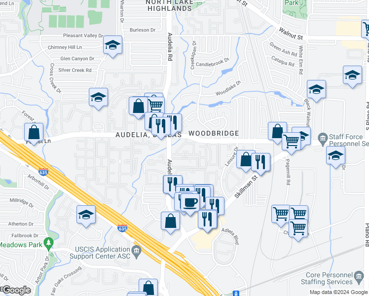 map of restaurants, bars, coffee shops, grocery stores, and more near 11700 Audelia Road in Dallas