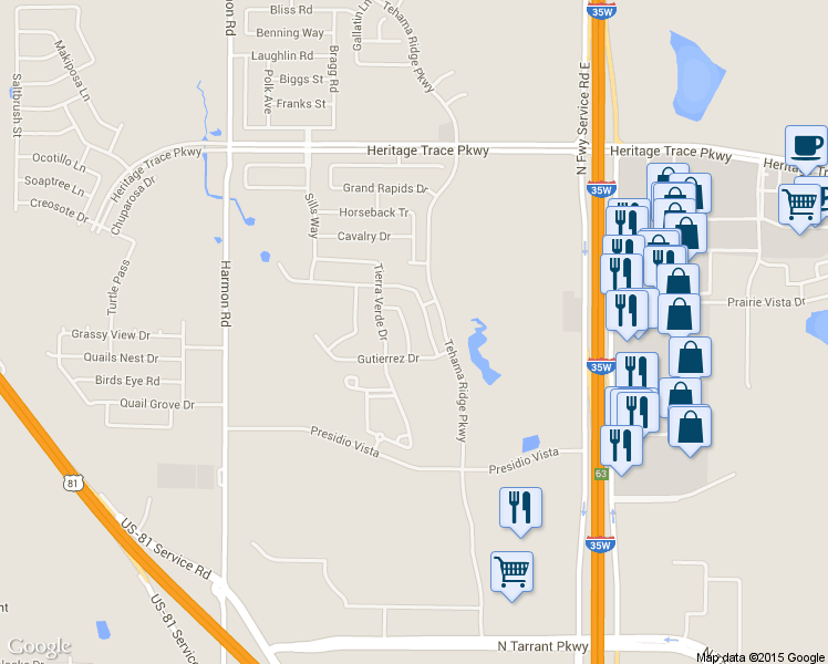 map of restaurants, bars, coffee shops, grocery stores, and more near 9216 Los Cabos Trail in Fort Worth