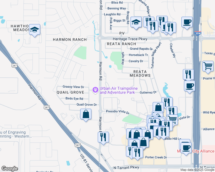 map of restaurants, bars, coffee shops, grocery stores, and more near 9300 Harmon Road in Fort Worth