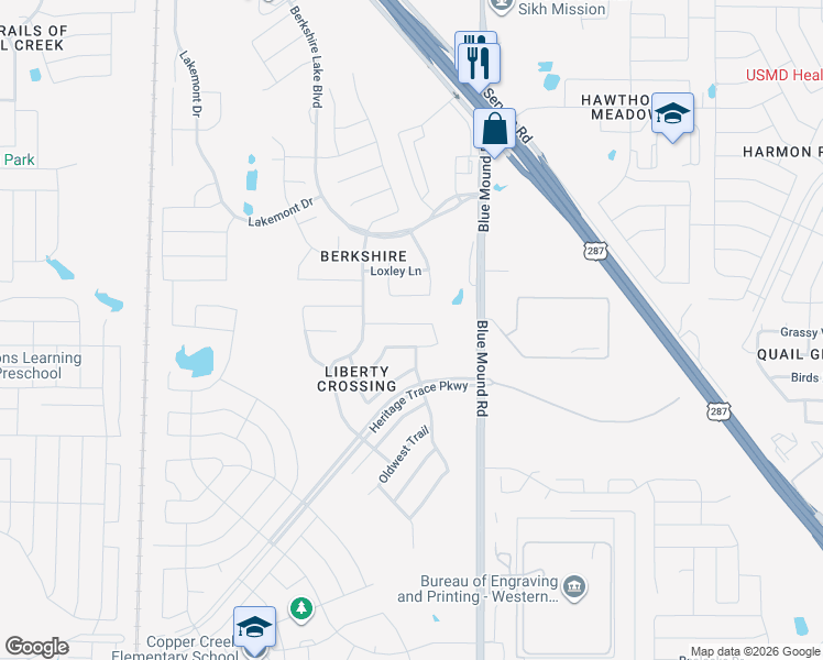 map of restaurants, bars, coffee shops, grocery stores, and more near 644 Bareback Lane in Fort Worth