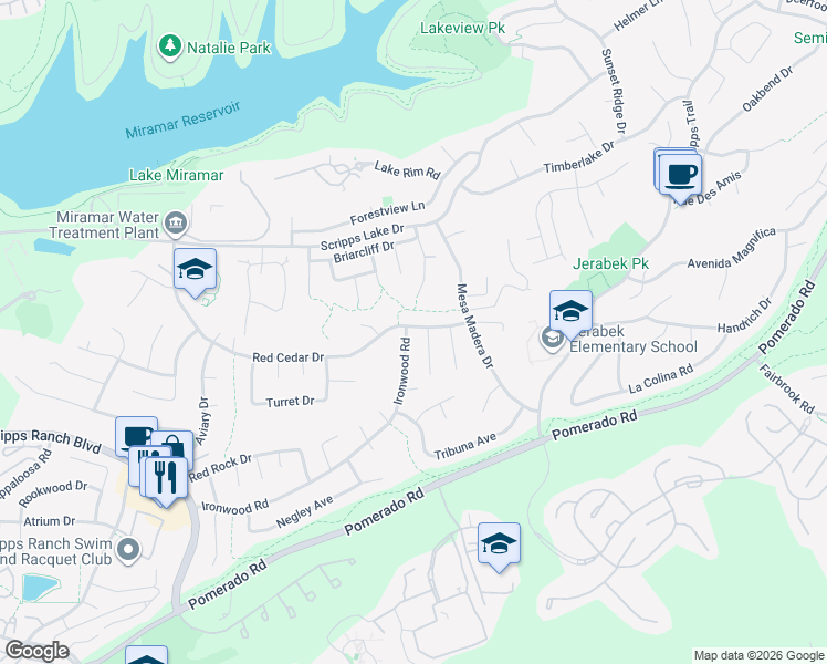 map of restaurants, bars, coffee shops, grocery stores, and more near 11381 Ironwood Road in San Diego