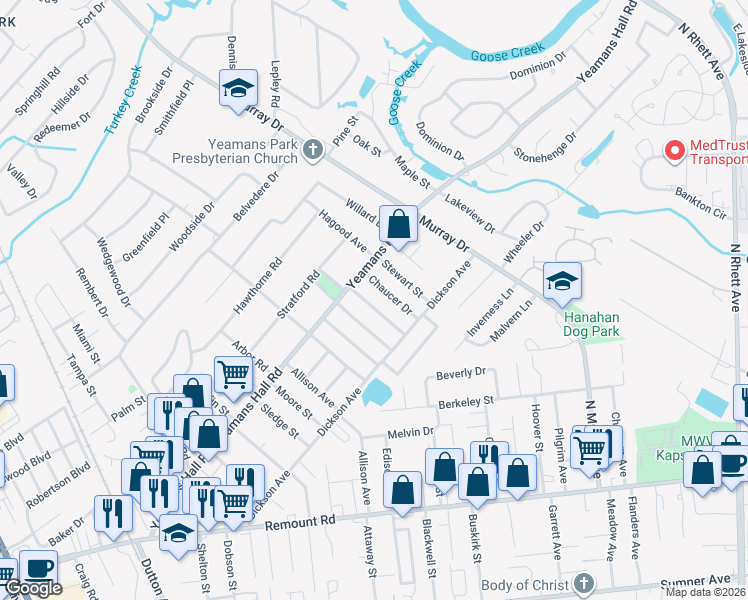map of restaurants, bars, coffee shops, grocery stores, and more near 5814 Robinhood Drive in Hanahan