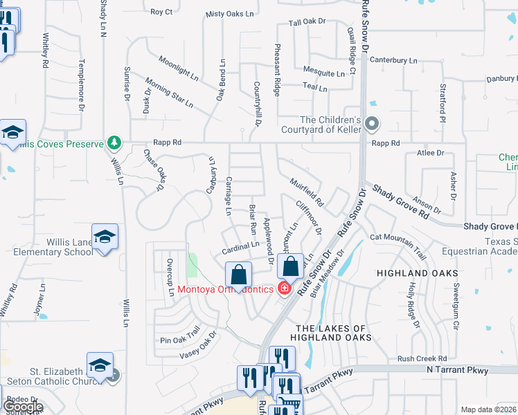 map of restaurants, bars, coffee shops, grocery stores, and more near 633 Cottonwood Trail in Keller