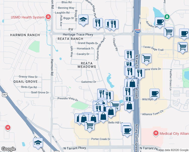 map of restaurants, bars, coffee shops, grocery stores, and more near 9216 Los Cabos Trail in Fort Worth