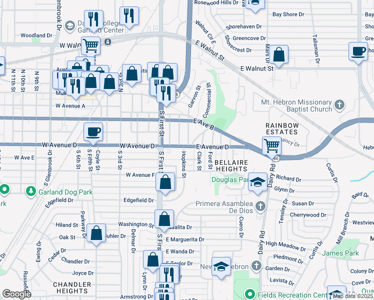 map of restaurants, bars, coffee shops, grocery stores, and more near 200 East Avenue D in Garland