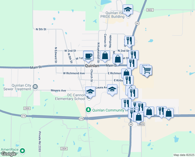 map of restaurants, bars, coffee shops, grocery stores, and more near 108 East Kirby Avenue in Quinlan
