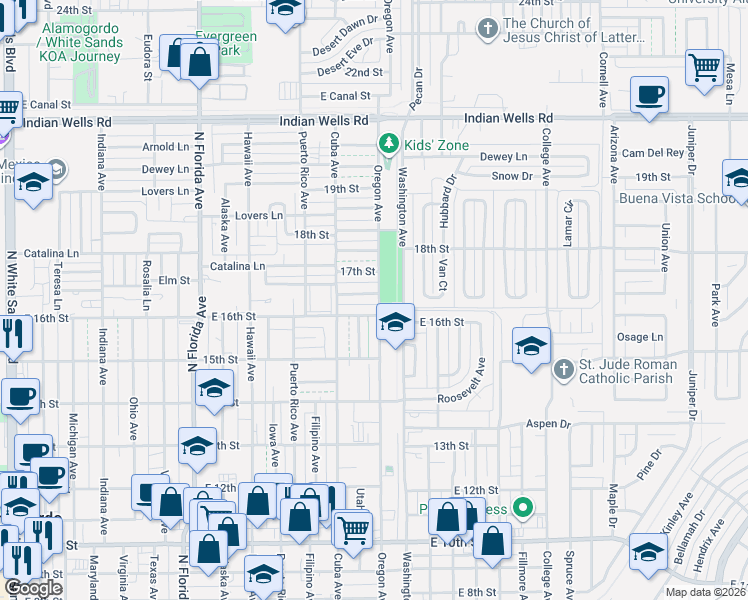 map of restaurants, bars, coffee shops, grocery stores, and more near 1603 Oregon Ave in Alamogordo