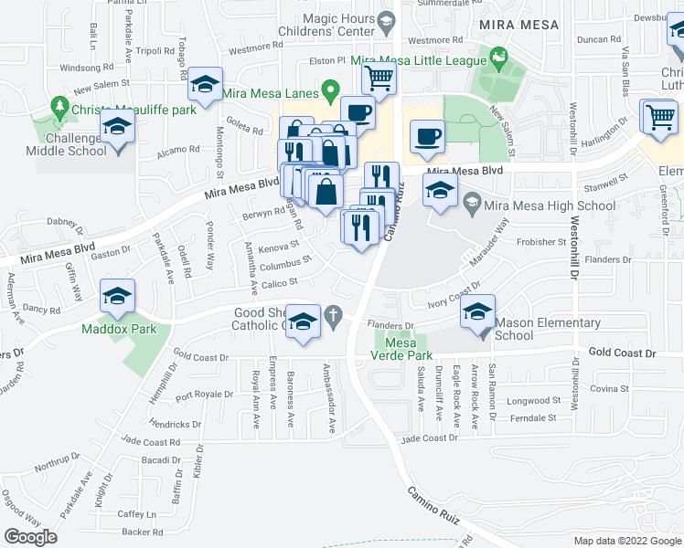 map of restaurants, bars, coffee shops, grocery stores, and more near Reagan Road & Casa Blanca Place in San Diego