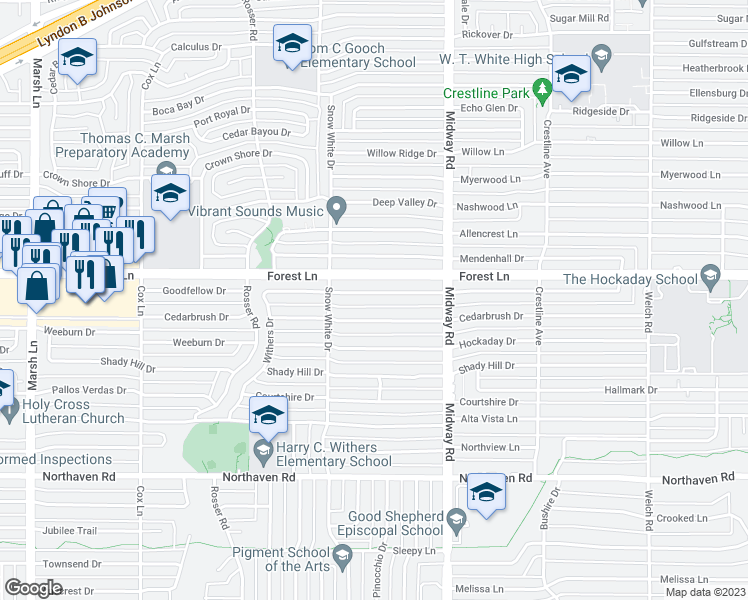 map of restaurants, bars, coffee shops, grocery stores, and more near 4048 Goodfellow Drive in Dallas