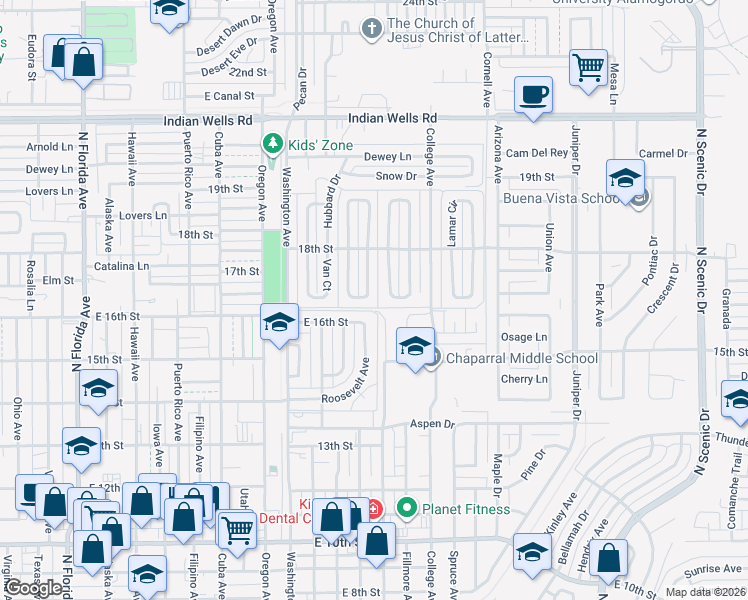map of restaurants, bars, coffee shops, grocery stores, and more near 1722 Monte Vista Corte in Alamogordo
