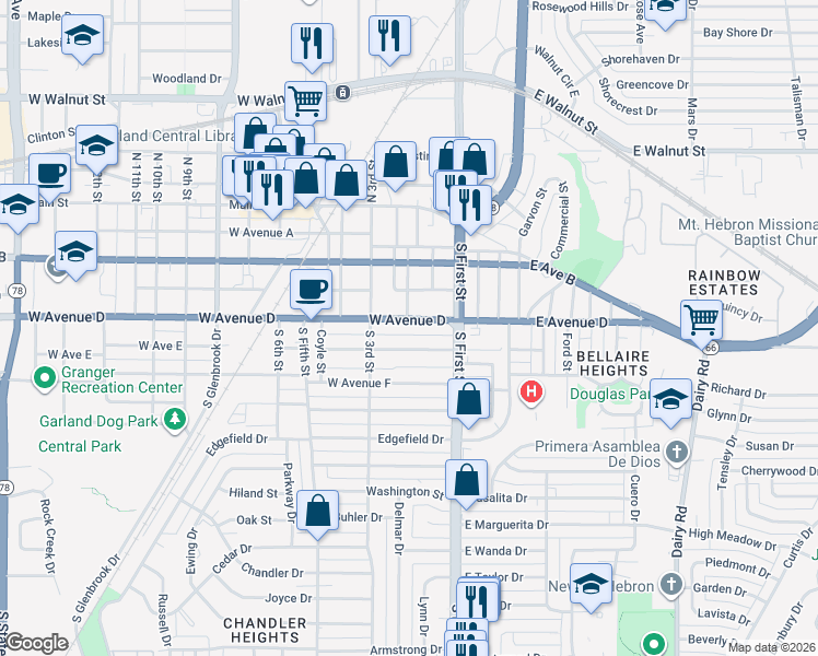map of restaurants, bars, coffee shops, grocery stores, and more near 200 West Avenue D in Garland
