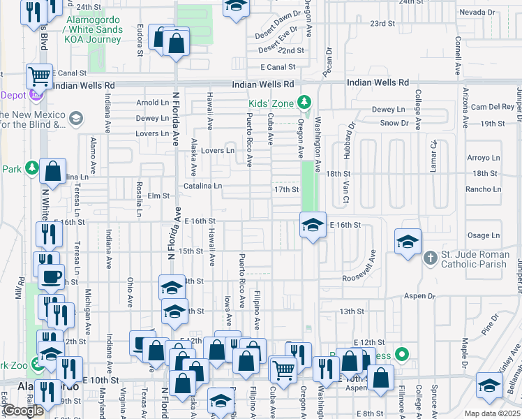map of restaurants, bars, coffee shops, grocery stores, and more near 1206 Greenwood Lane in Alamogordo
