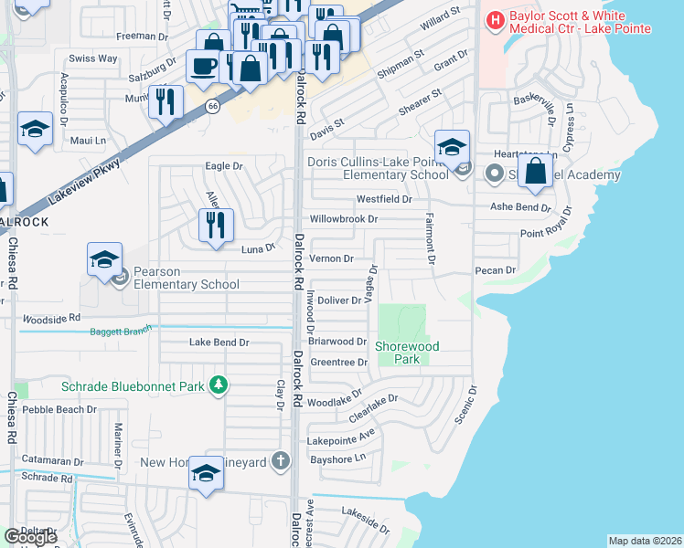 map of restaurants, bars, coffee shops, grocery stores, and more near 8817 Deerwood Dr in Rowlett