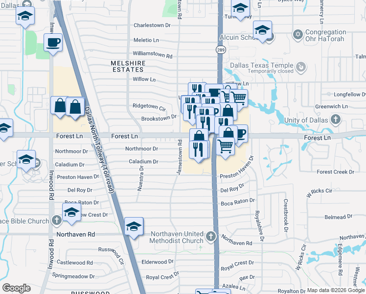 map of restaurants, bars, coffee shops, grocery stores, and more near 11724 Jamestown Road in Dallas