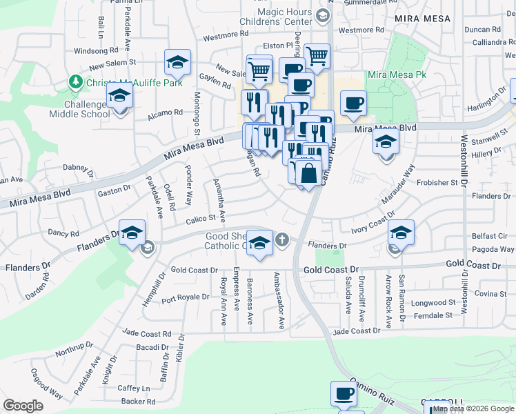 map of restaurants, bars, coffee shops, grocery stores, and more near 8130 Calico Street in San Diego