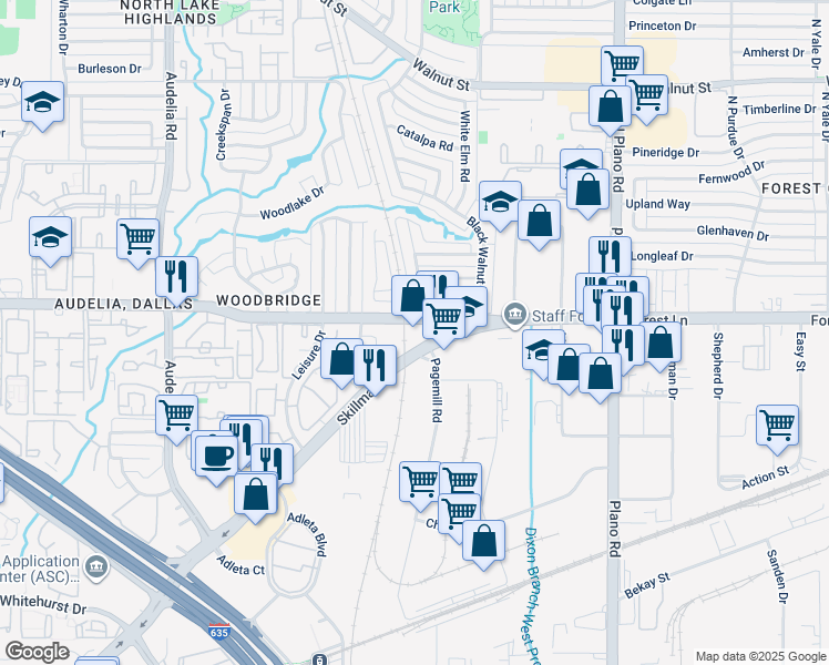 map of restaurants, bars, coffee shops, grocery stores, and more near 10304 Forest Lane in Dallas