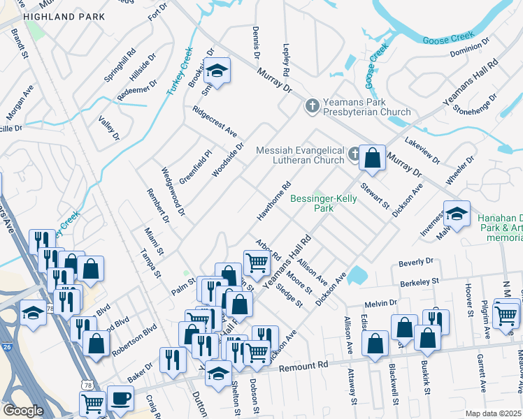 map of restaurants, bars, coffee shops, grocery stores, and more near 1206 Hawthorne Road in Hanahan
