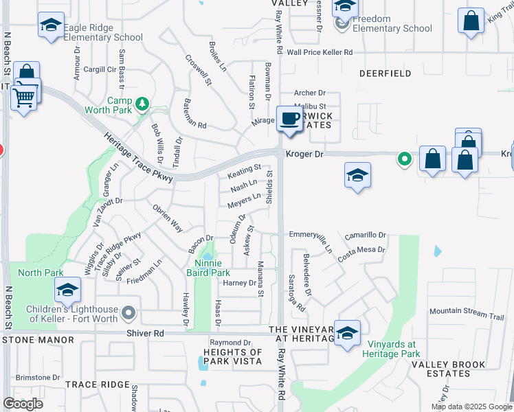 map of restaurants, bars, coffee shops, grocery stores, and more near 9249 Odeum Drive in Fort Worth