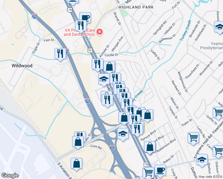 map of restaurants, bars, coffee shops, grocery stores, and more near 6195 Rivers Ave in North Charleston