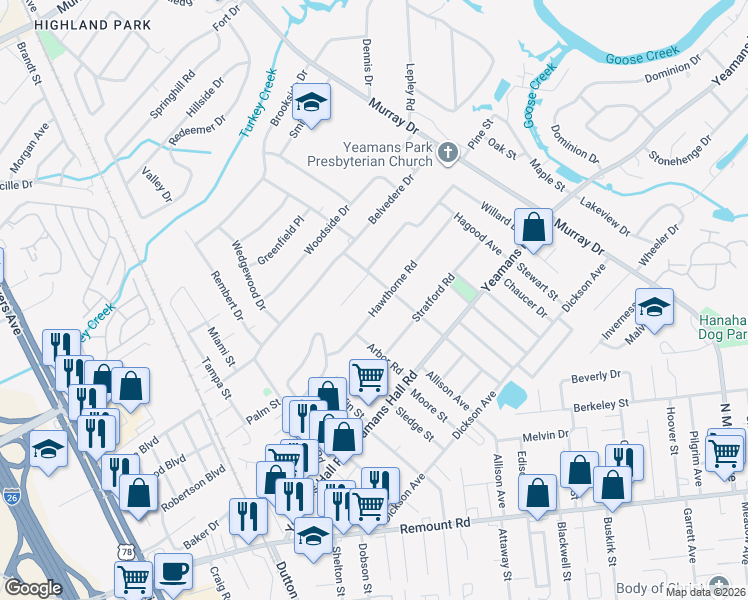 map of restaurants, bars, coffee shops, grocery stores, and more near 1206 Hawthorne Road in Hanahan