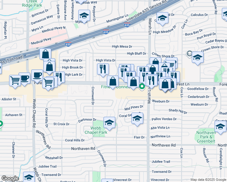 map of restaurants, bars, coffee shops, grocery stores, and more near 3530 Forest Lane in Dallas