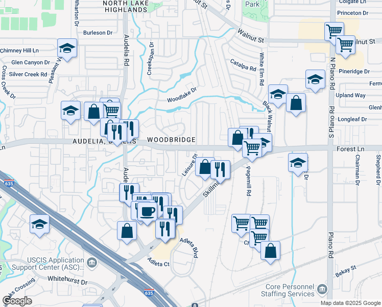 map of restaurants, bars, coffee shops, grocery stores, and more near 10010 Forest Lane in Dallas