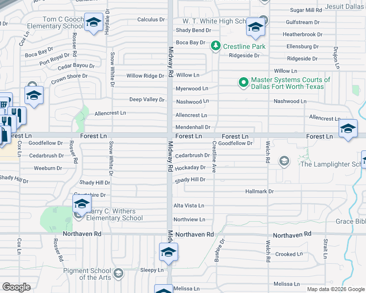 map of restaurants, bars, coffee shops, grocery stores, and more near 4231 Cedarbrush Drive in Dallas