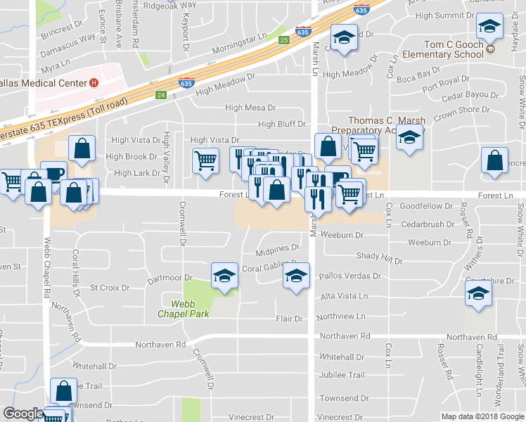 map of restaurants, bars, coffee shops, grocery stores, and more near 3624 Forest Ln in Dallas