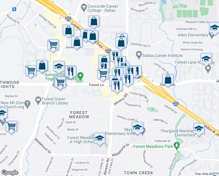 map of restaurants, bars, coffee shops, grocery stores, and more near 9308 Forest Lane in Dallas