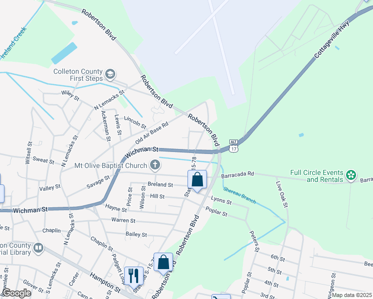 map of restaurants, bars, coffee shops, grocery stores, and more near 1 Alexander in Walterboro