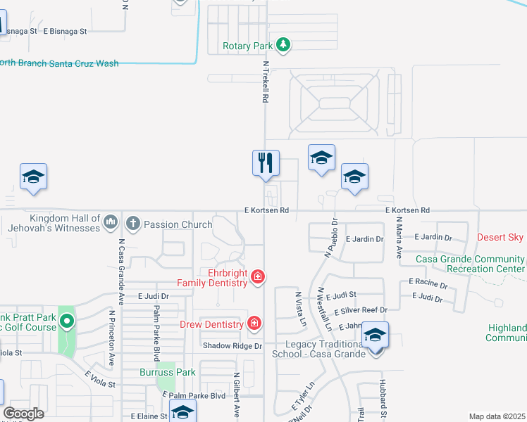 map of restaurants, bars, coffee shops, grocery stores, and more near N Trekell Rd & E Kortsen Rd in Casa Grande