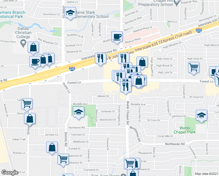 map of restaurants, bars, coffee shops, grocery stores, and more near 3046 Forest Lane in Dallas