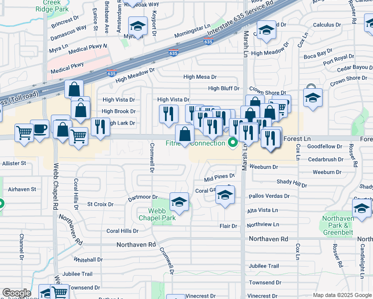 map of restaurants, bars, coffee shops, grocery stores, and more near 3530 Forest Lane in Dallas