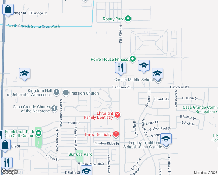 map of restaurants, bars, coffee shops, grocery stores, and more near 1001 East Kortsen Road in Casa Grande