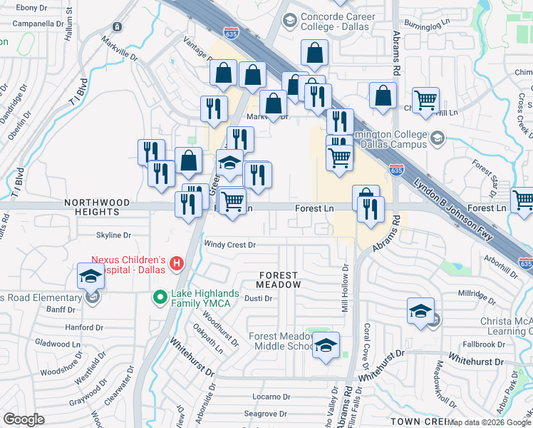 map of restaurants, bars, coffee shops, grocery stores, and more near 9180 Forest Lane in Dallas
