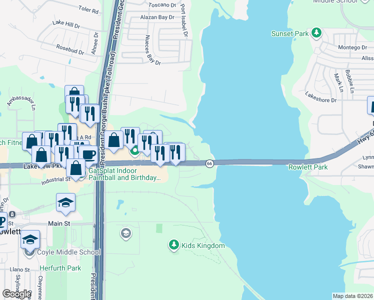 map of restaurants, bars, coffee shops, grocery stores, and more near 5429 Lakeview Parkway in Rowlett
