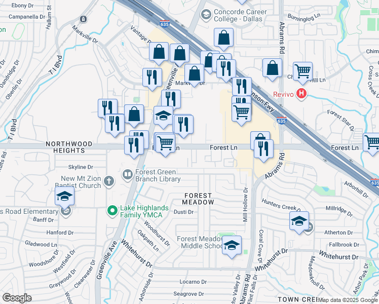 map of restaurants, bars, coffee shops, grocery stores, and more near 9180 Forest Lane in Dallas