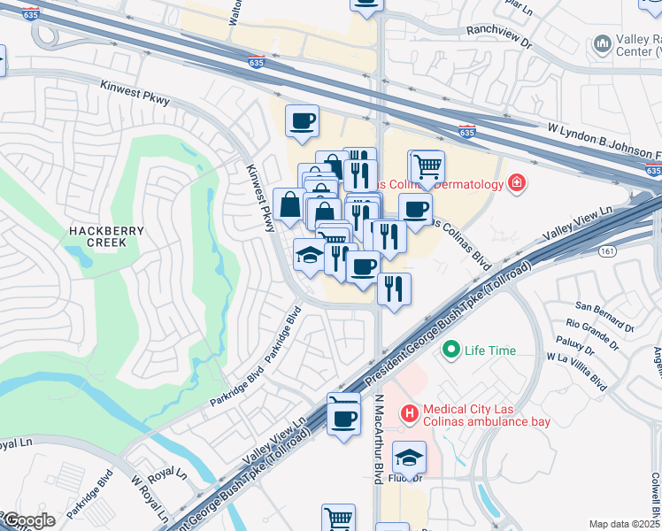 map of restaurants, bars, coffee shops, grocery stores, and more near 7505 North MacArthur Boulevard in Irving