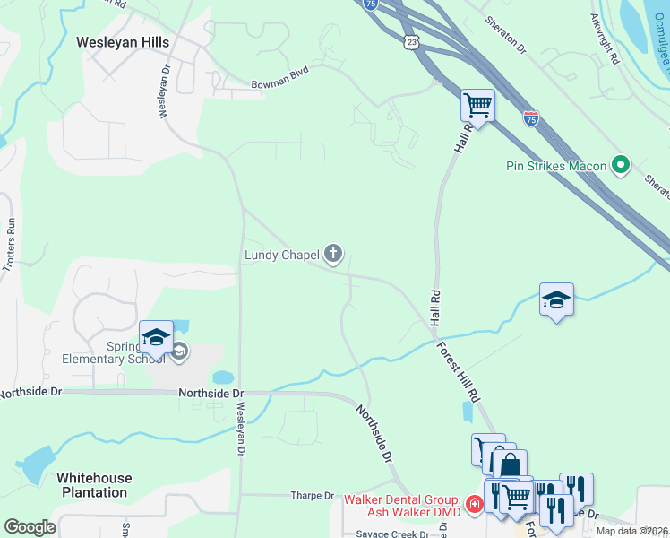 map of restaurants, bars, coffee shops, grocery stores, and more near 2081 Forest Hill Road in Macon