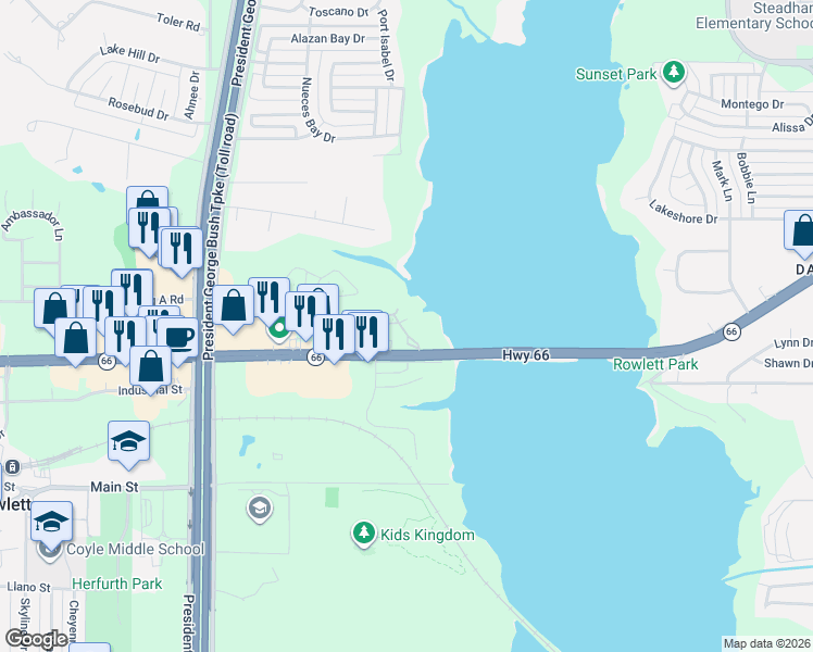 map of restaurants, bars, coffee shops, grocery stores, and more near 5501 Lakeview Parkway in Rowlett