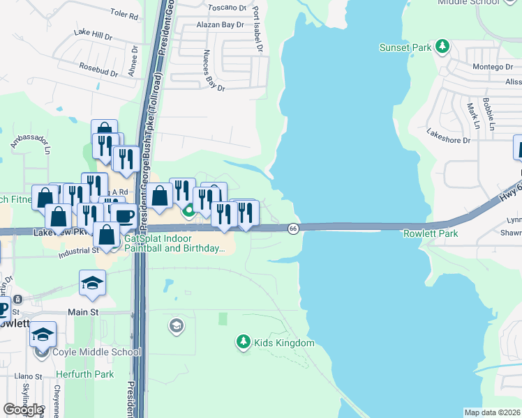 map of restaurants, bars, coffee shops, grocery stores, and more near 5429 Lakeview Parkway in Rowlett