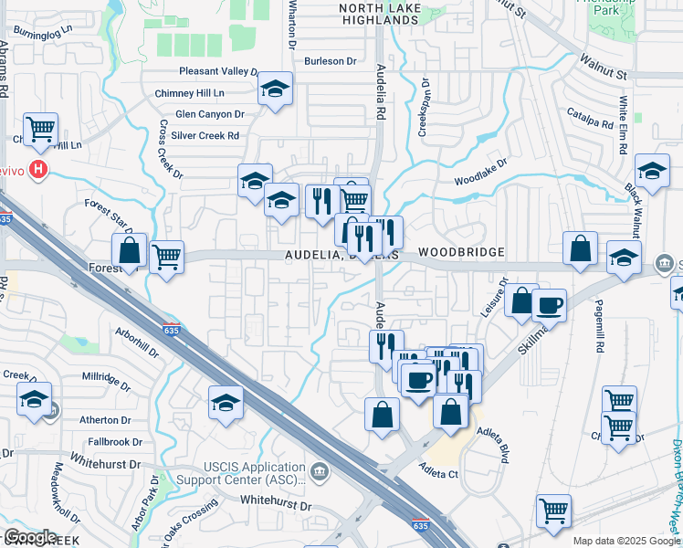 map of restaurants, bars, coffee shops, grocery stores, and more near 9744 Forest Lane in Dallas