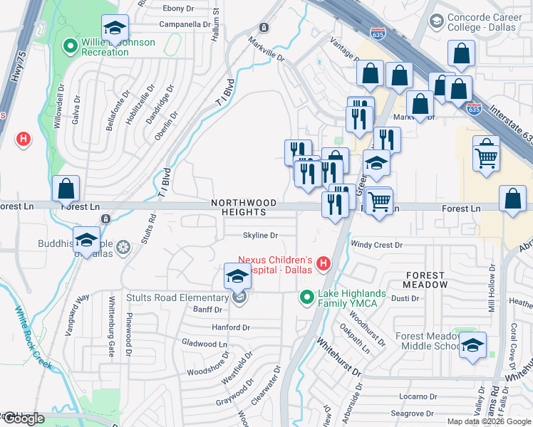 map of restaurants, bars, coffee shops, grocery stores, and more near 8812 Forest Green Drive in Dallas