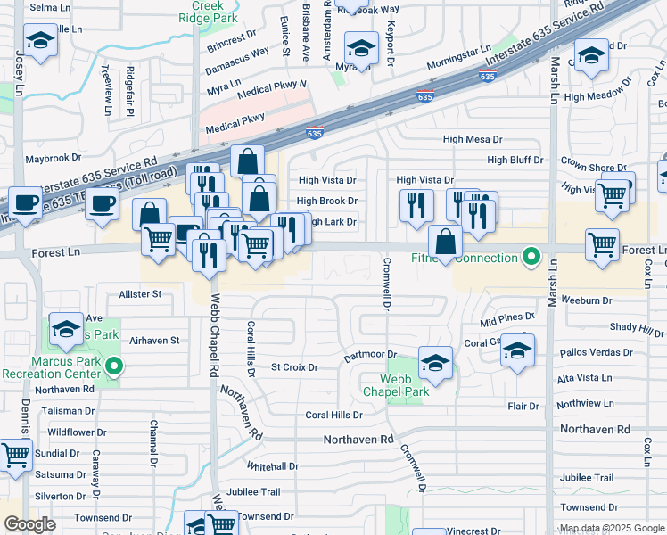 map of restaurants, bars, coffee shops, grocery stores, and more near 3344 Forest Lane in Dallas