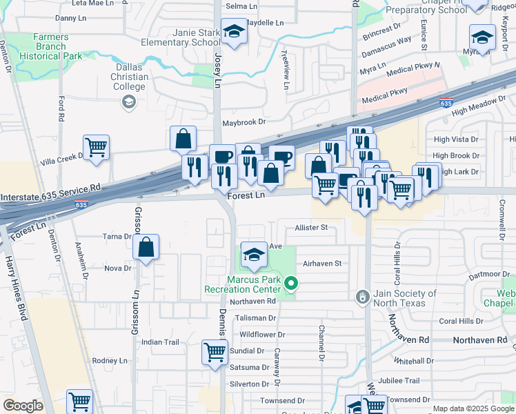 map of restaurants, bars, coffee shops, grocery stores, and more near 2930 Forest Lane in Dallas